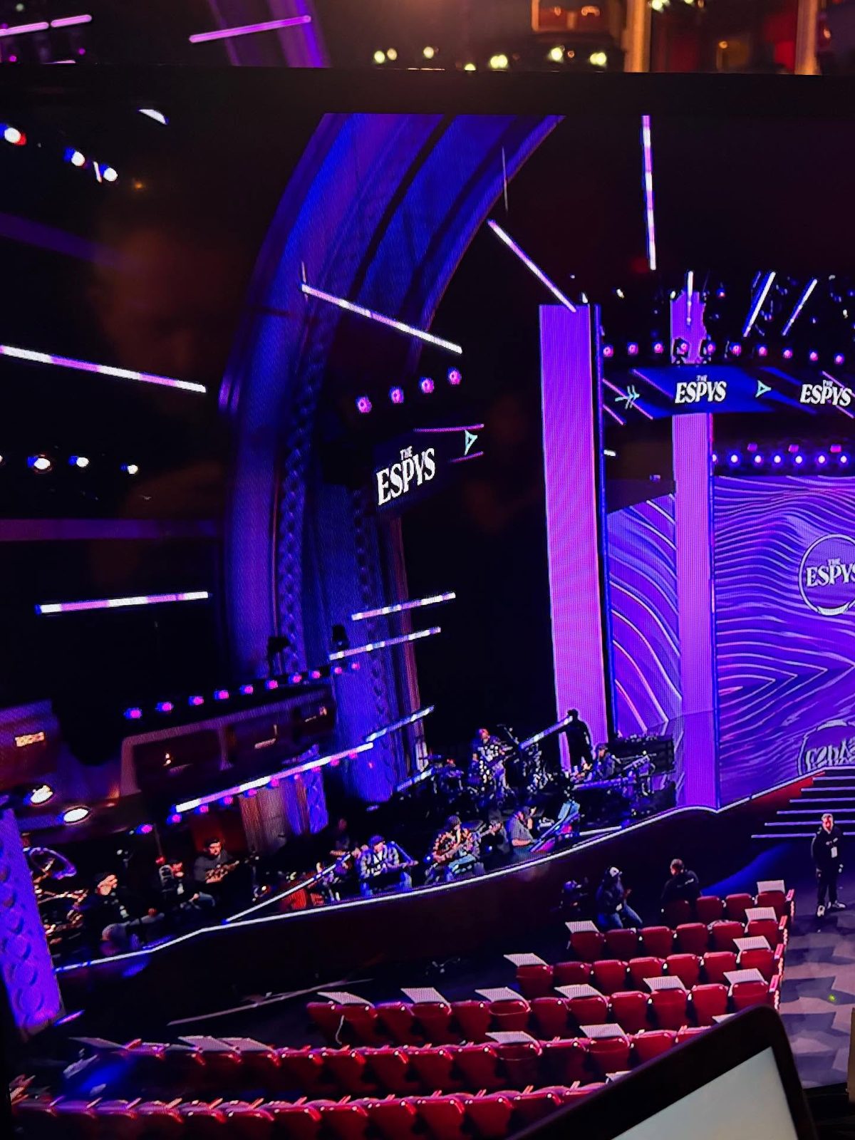 The ESPYS stage from the house, with the band in the pit below it